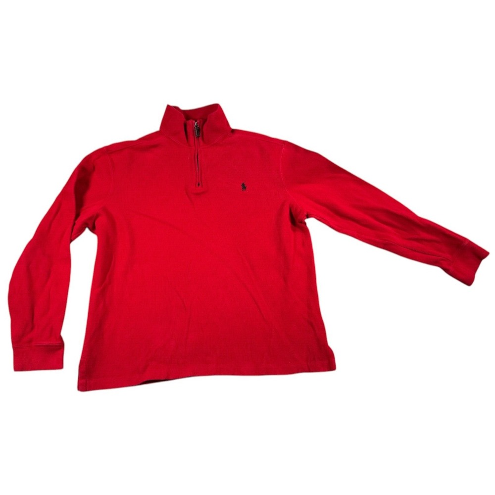 VTG Polo Ralph Lauren Sweater Men's Large Red 1/4 Zip Cotton Pullover Blue Pony‎